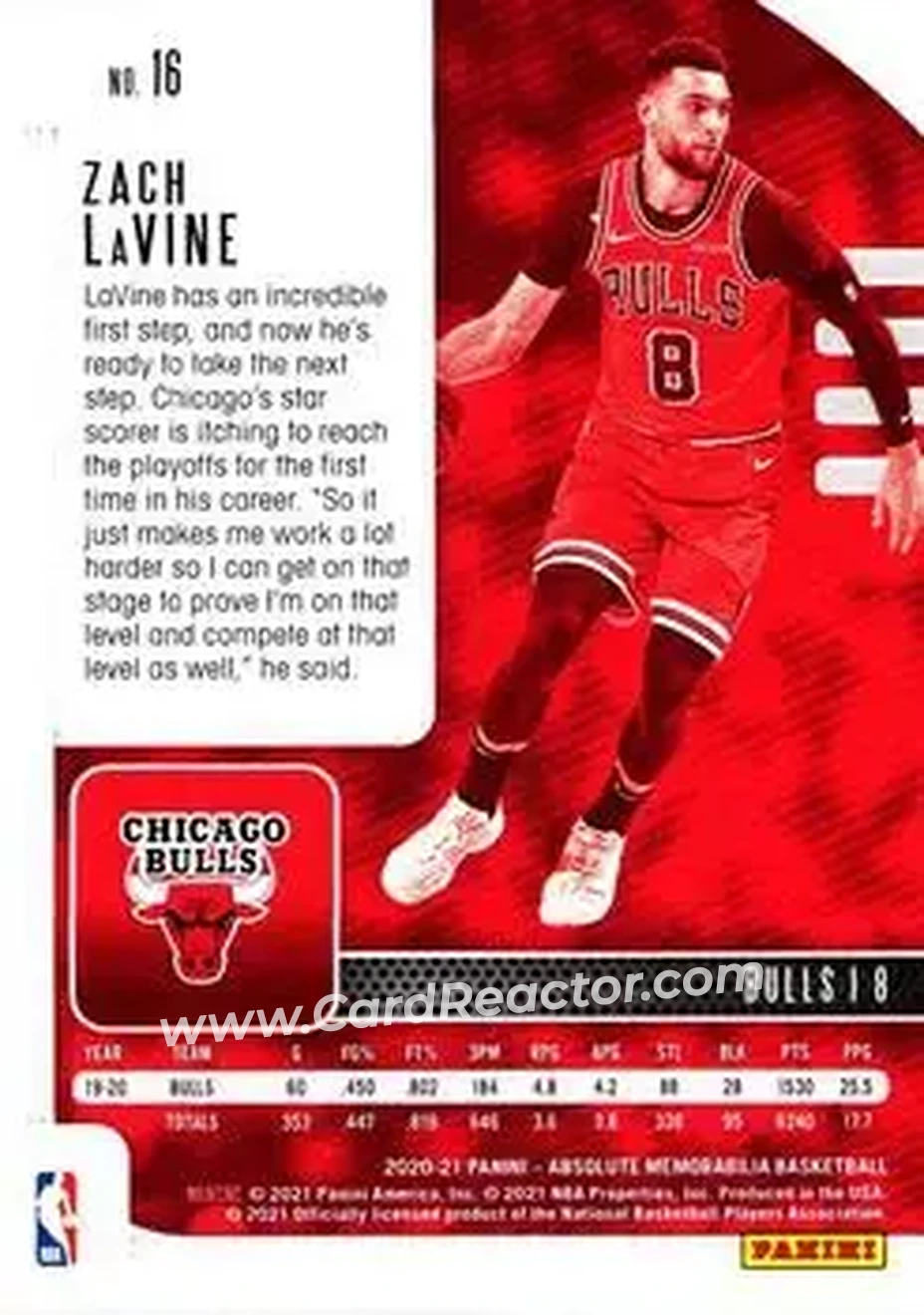 2020-21 Panini Absolute Memorabilia #16 - Zach LaVine - Chicago Bulls - Back