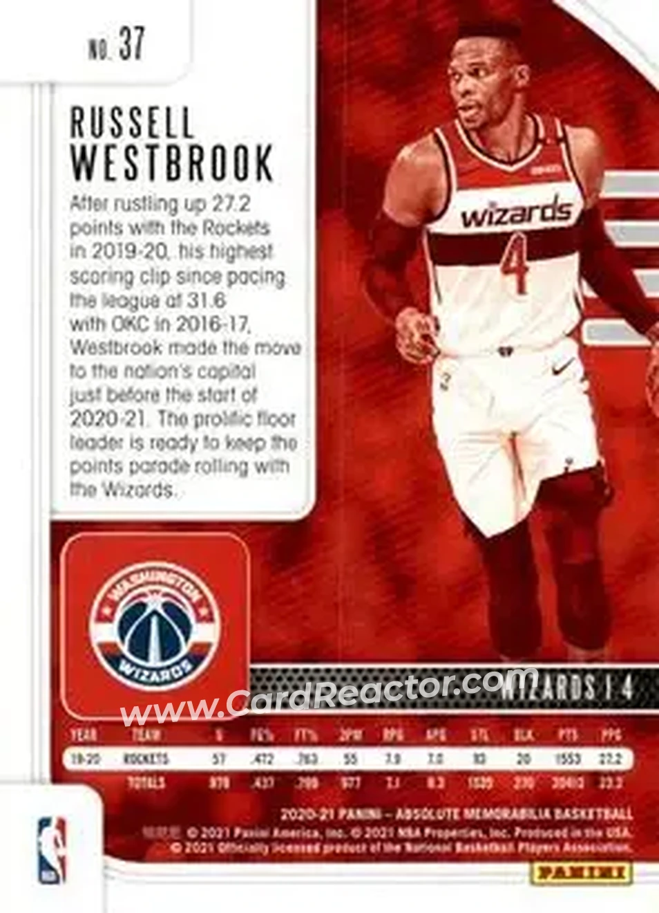 2020-21 Panini Absolute Memorabilia #37 - Russell Westbrook - Washington Wizards - Back 2020-21 Panini Absolute Memorabilia #37 - Russell Westbrook - Washington Wizards - Back