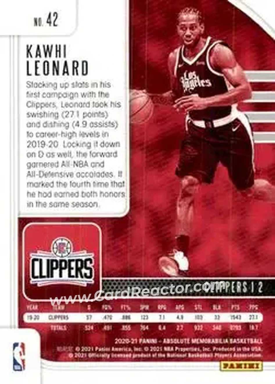 2020-21 Panini Absolute Memorabilia #42 - Kawhi Leonard - Los Angeles Clippers - Back