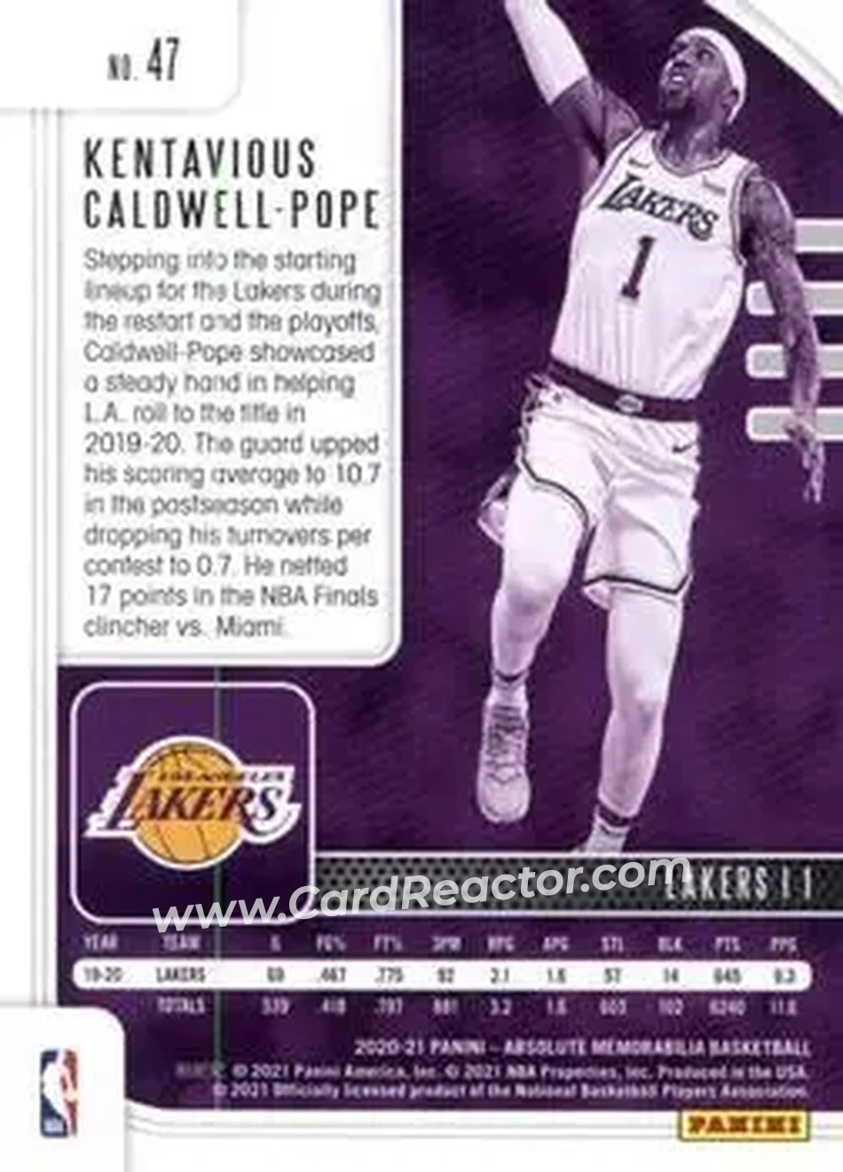 2020-21 Panini Absolute Memorabilia #47 - Kentavious Caldwell-Pope - Los Angeles Lakers - Back
