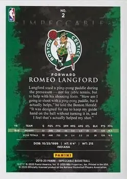 2019-20 Panini Impeccable #2 - Romeo Langford - Boston Celtics - Back