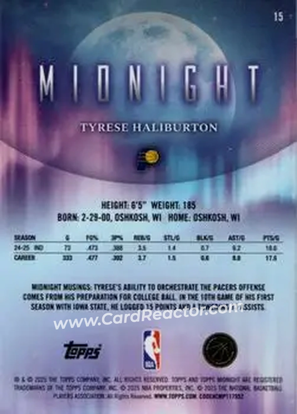 2025-26 Topps Midnight #15 - Tyrese Haliburton - Indiana Pacers - Back