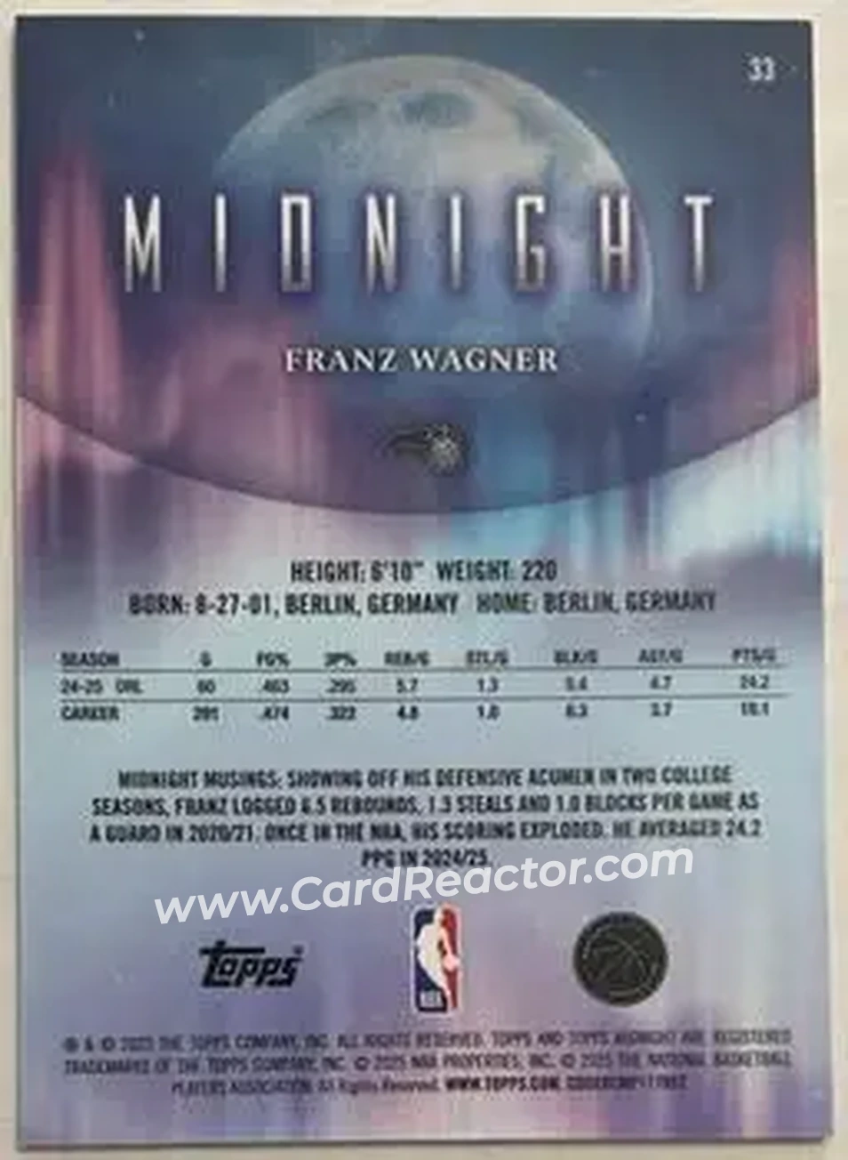 2025-26 Topps Midnight #33 - Franz Wagner - Orlando Magic - Back 2025-26 Topps Midnight #33 - Franz Wagner - Orlando Magic - Back
