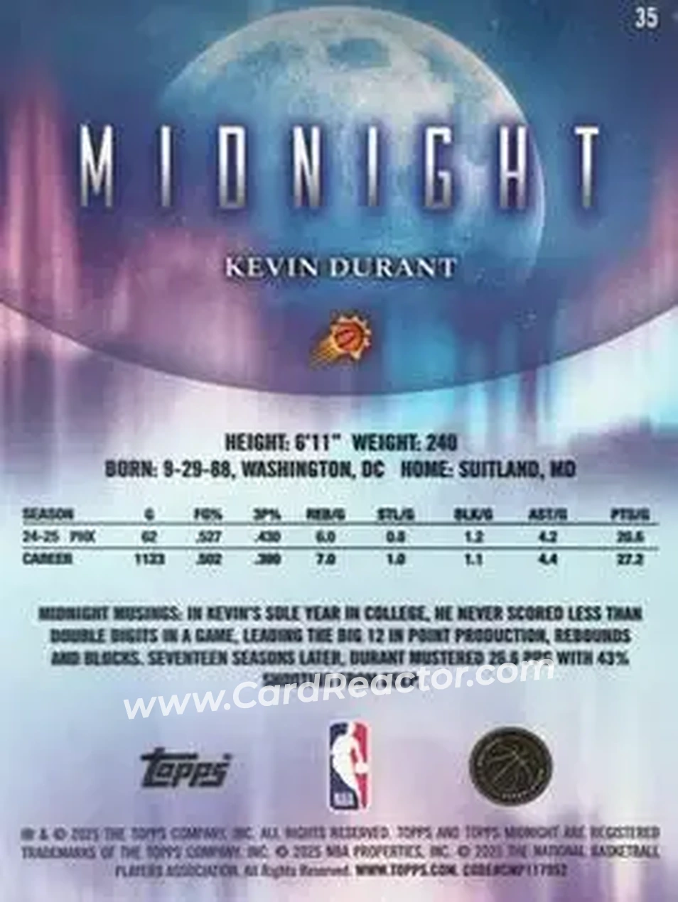 2025-26 Topps Midnight #35 - Kevin Durant - Phoenix Suns - Back 2025-26 Topps Midnight #35 - Kevin Durant - Phoenix Suns - Back