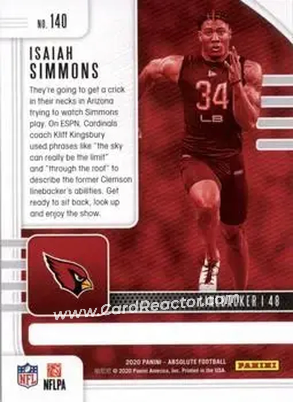 2020 Panini Absolute #140 - Isaiah Simmons - Arizona Cardinals - Back