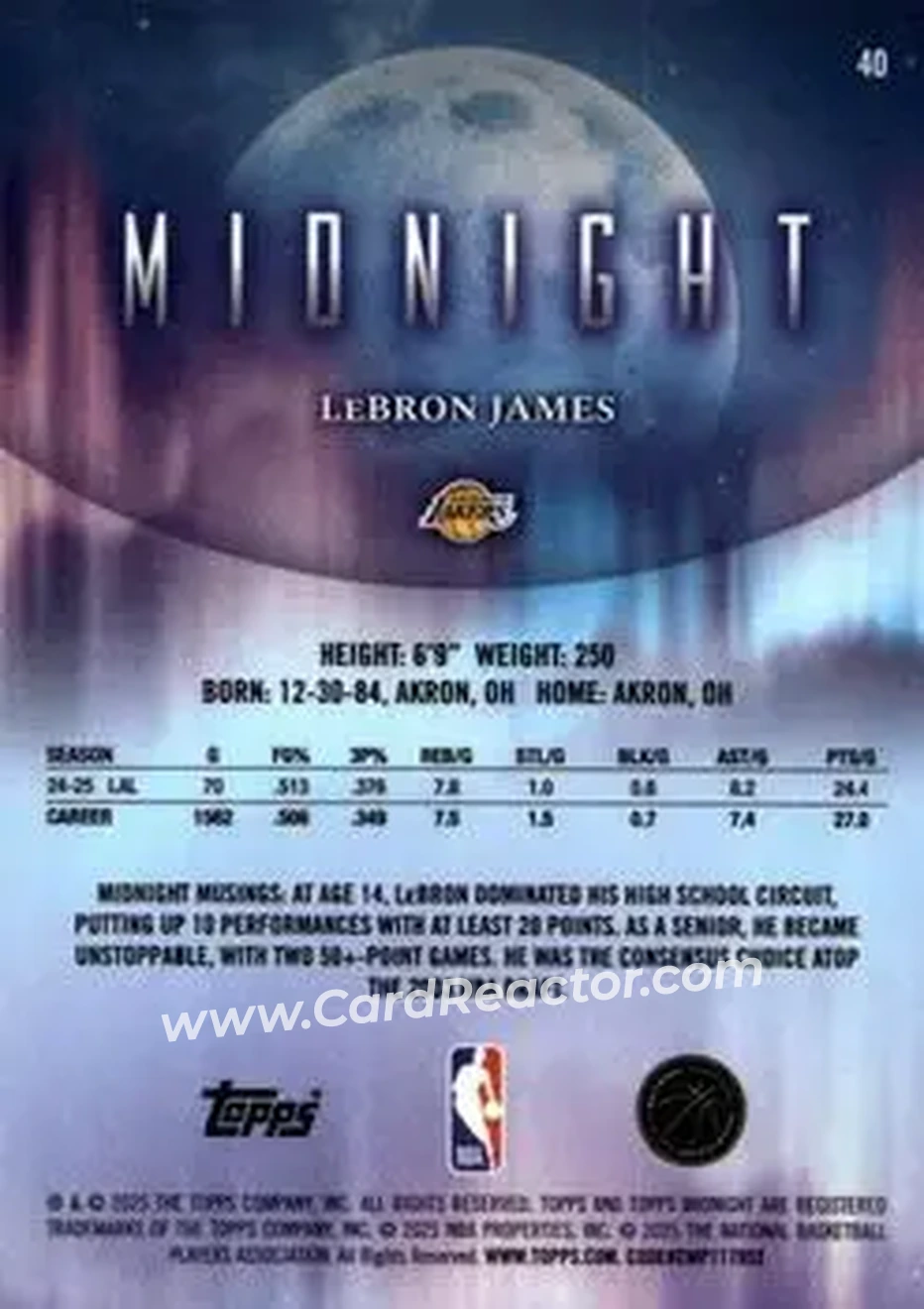 2025-26 Topps Midnight #40 - LeBron James - Los Angeles Lakers - Back