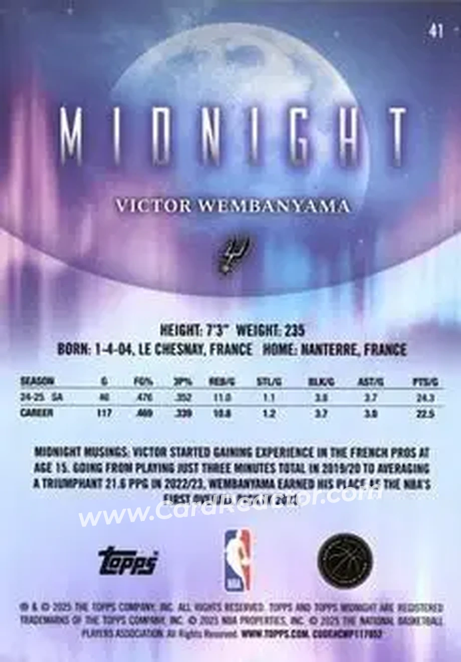 2025-26 Topps Midnight #41 - Victor Wembanyama - San Antonio Spurs - Back