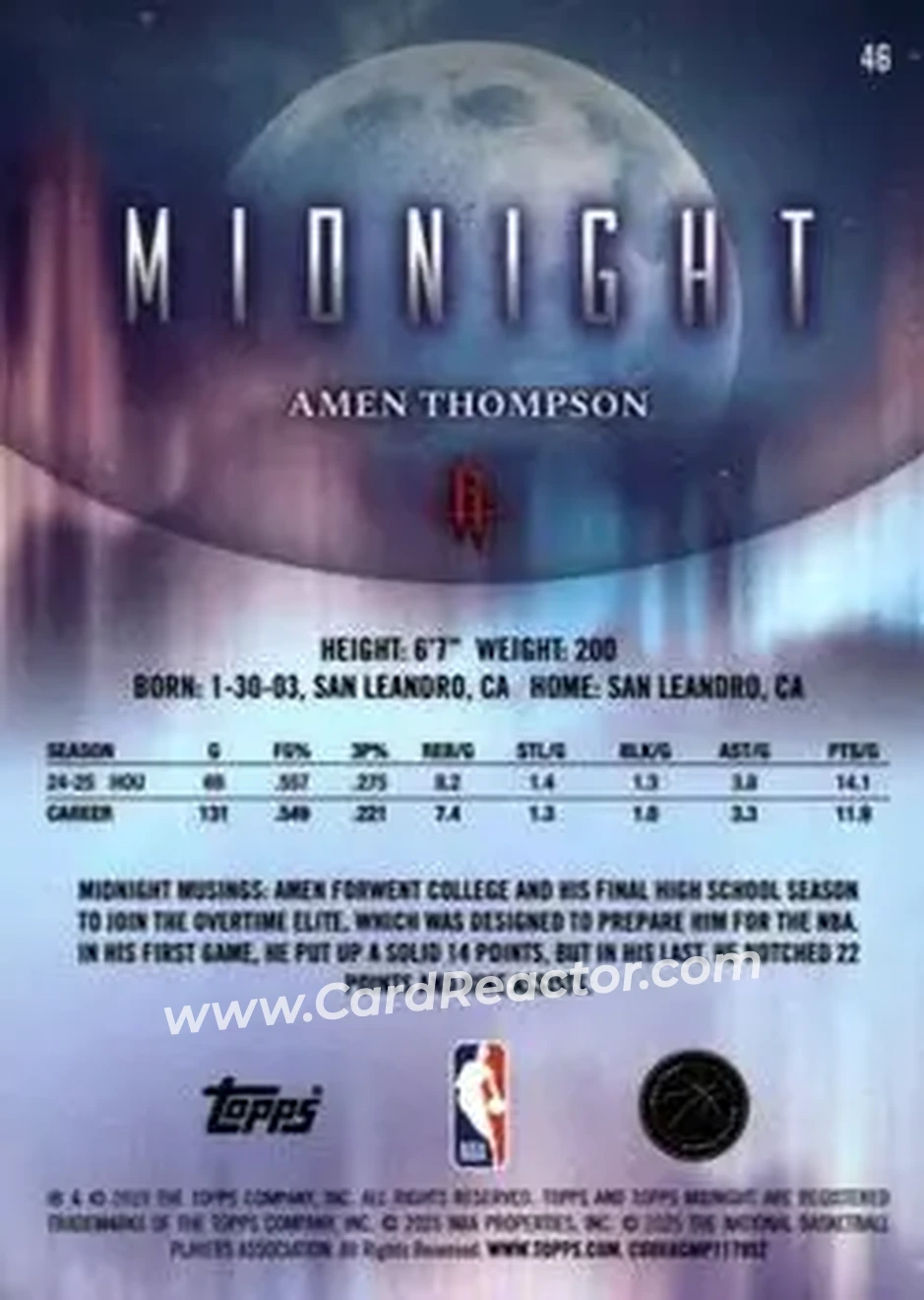 2025-26 Topps Midnight #46 - Amen Thompson - Houston Rockets - Back 2025-26 Topps Midnight #46 - Amen Thompson - Houston Rockets - Back