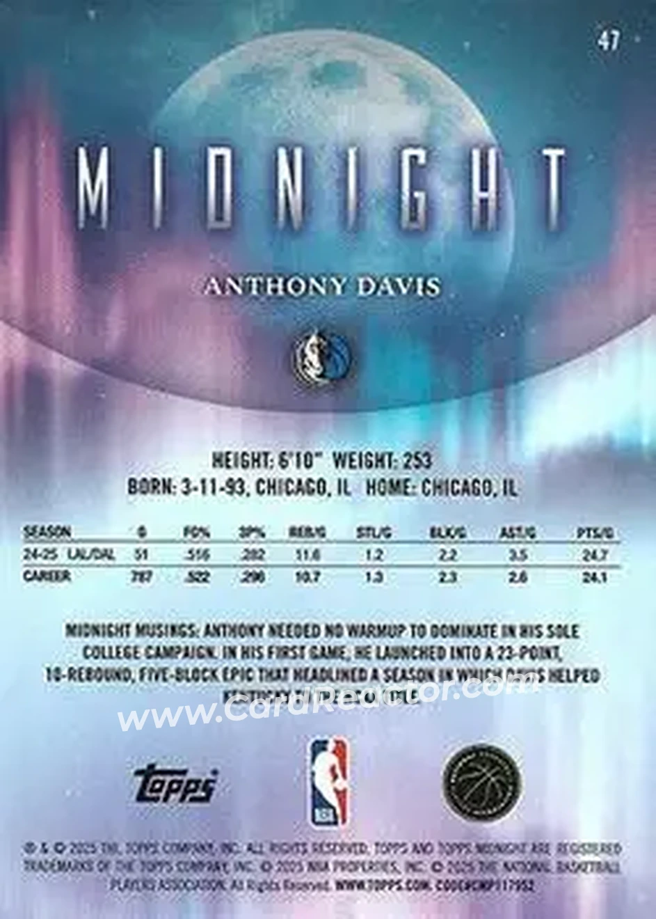 2025-26 Topps Midnight #47 - Anthony Davis - Dallas Mavericks - Back 2025-26 Topps Midnight #47 - Anthony Davis - Dallas Mavericks - Back