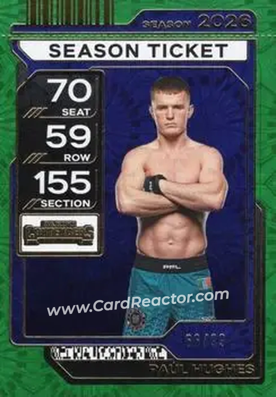 2026 Panini Contenders PFL - Season Ticket Green Fireworks #27 - Paul Hughes - Front 2026 Panini Contenders PFL - Season Ticket Green Fireworks #27 - Paul Hughes - Front