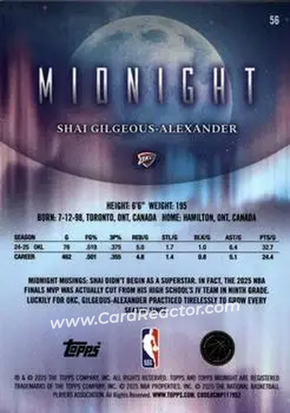 2025-26 Topps Midnight #56 - Shai Gilgeous-Alexander - Oklahoma City Thunder - Back