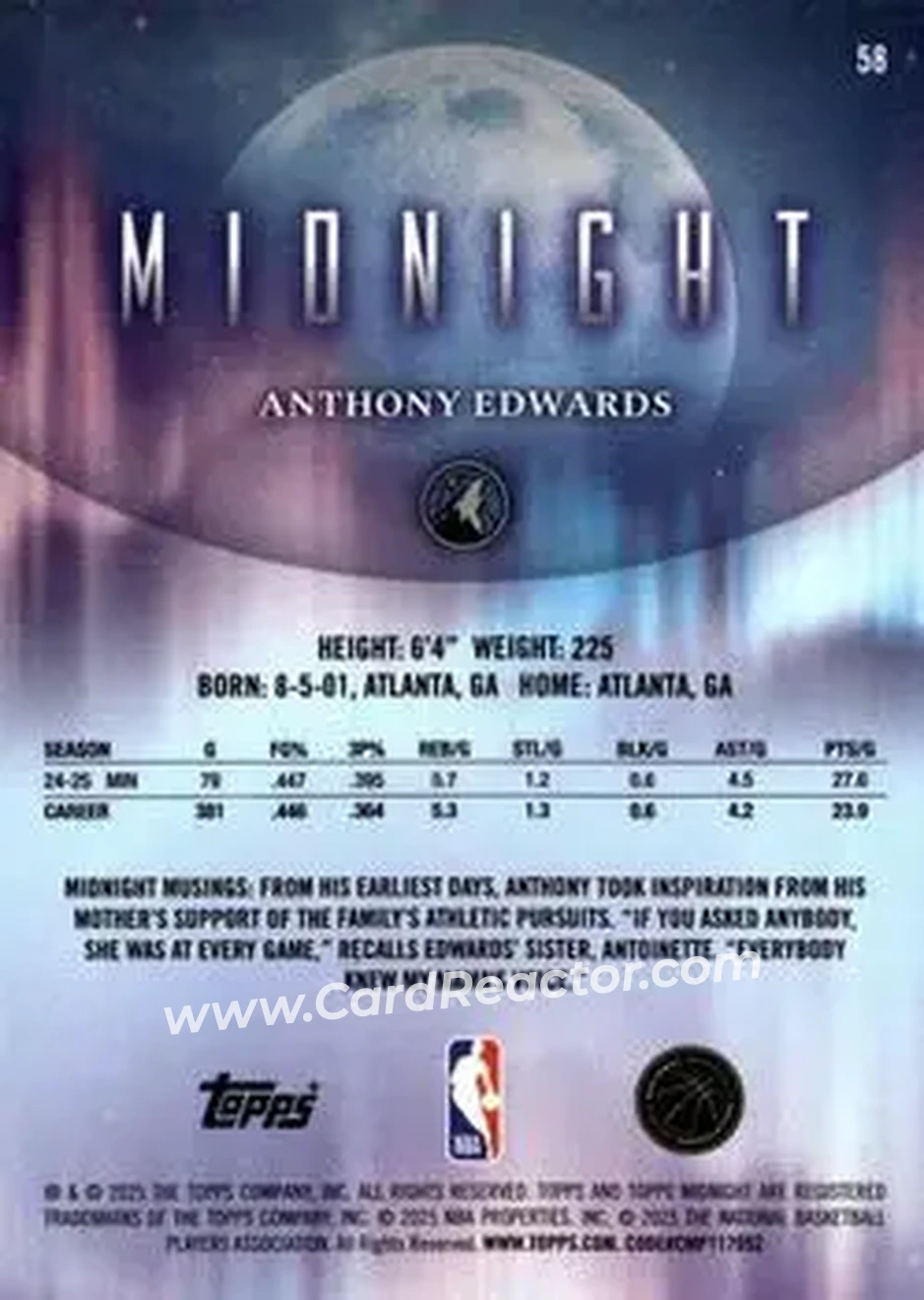 2025-26 Topps Midnight #58 - Anthony Edwards - Minnesota Timberwolves - Back 2025-26 Topps Midnight #58 - Anthony Edwards - Minnesota Timberwolves - Back