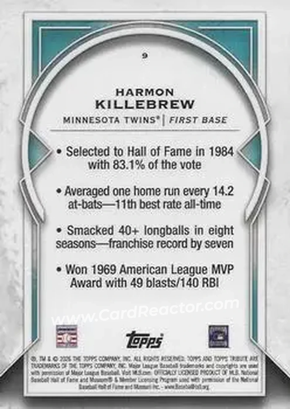 2026 Topps Tribute - Pink #9 - Harmon Killebrew - Minnesota Twins - Back 2026 Topps Tribute - Pink #9 - Harmon Killebrew - Minnesota Twins - Back