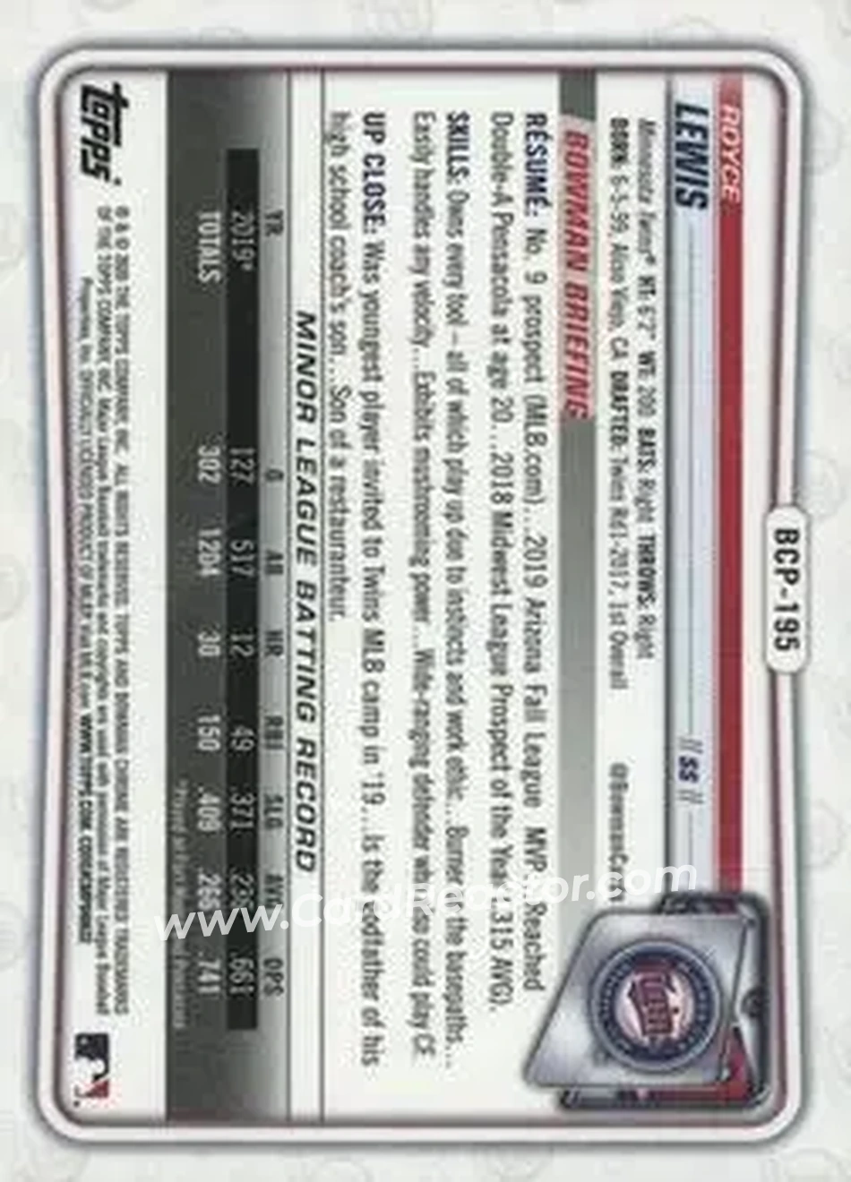 2020 Bowman Chrome X - Prospects Green X-Fractor #BCP-195 - Royce Lewis - Minnesota Twins - Back