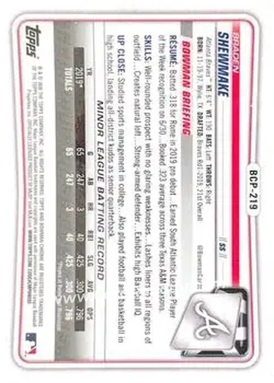 2020 Bowman Chrome X - Prospects Green X-Fractor #BCP-219 - Braden Shewmake - Atlanta Braves - Back 2020 Bowman Chrome X - Prospects Green X-Fractor #BCP-219 - Braden Shewmake - Atlanta Braves - Back