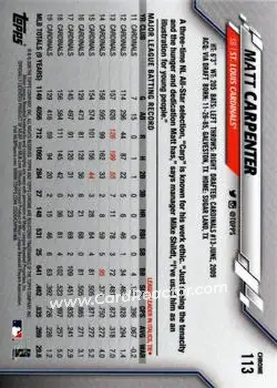 2020 Topps Chrome Sapphire Edition #113 - Matt Carpenter - St. Louis Cardinals - Back 2020 Topps Chrome Sapphire Edition #113 - Matt Carpenter - St. Louis Cardinals - Back