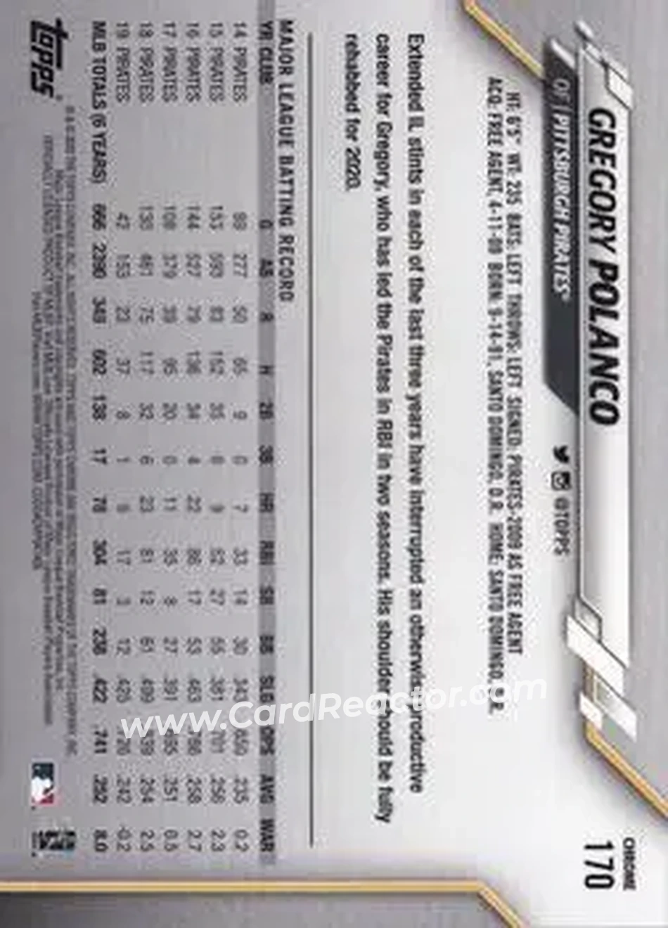 2020 Topps Chrome Sapphire Edition #170 - Gregory Polanco - Pittsburgh Pirates - Back