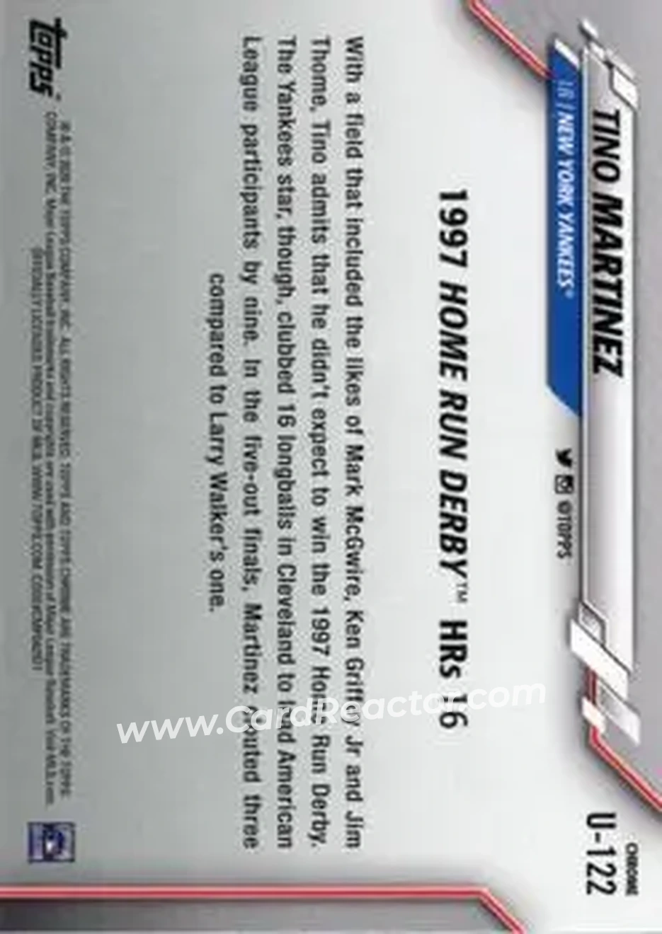2020 Topps Chrome Update Sapphire Edition #U-122 - Tino Martinez - New York Yankees - Back 2020 Topps Chrome Update Sapphire Edition #U-122 - Tino Martinez - New York Yankees - Back