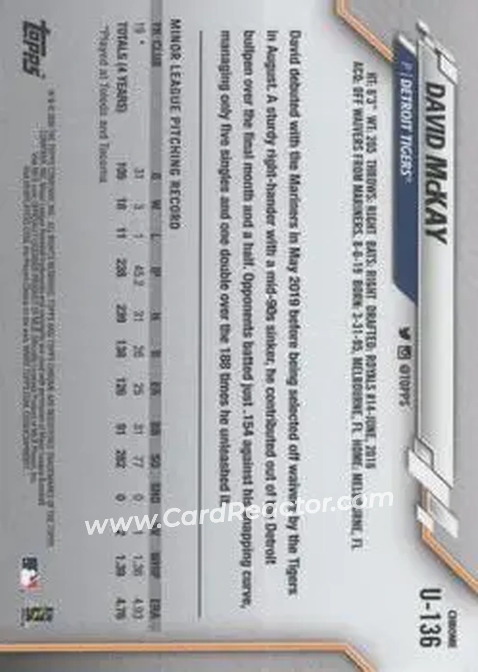 2020 Topps Chrome Update Sapphire Edition #U-136 - David McKay - Detroit Tigers - Back
