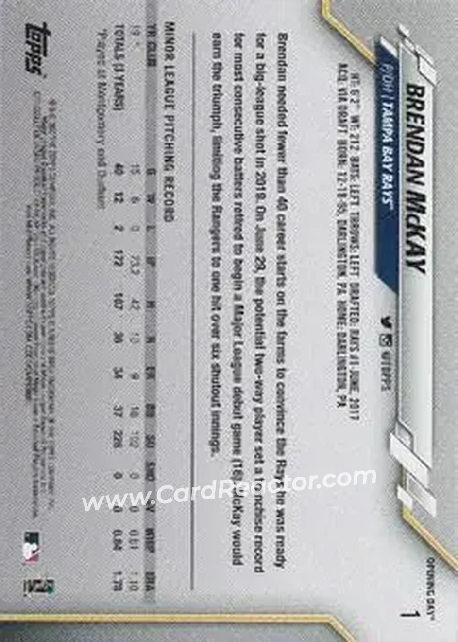 2020 Topps Opening Day #1b - Brendan McKay - Tampa Bay Rays - Back