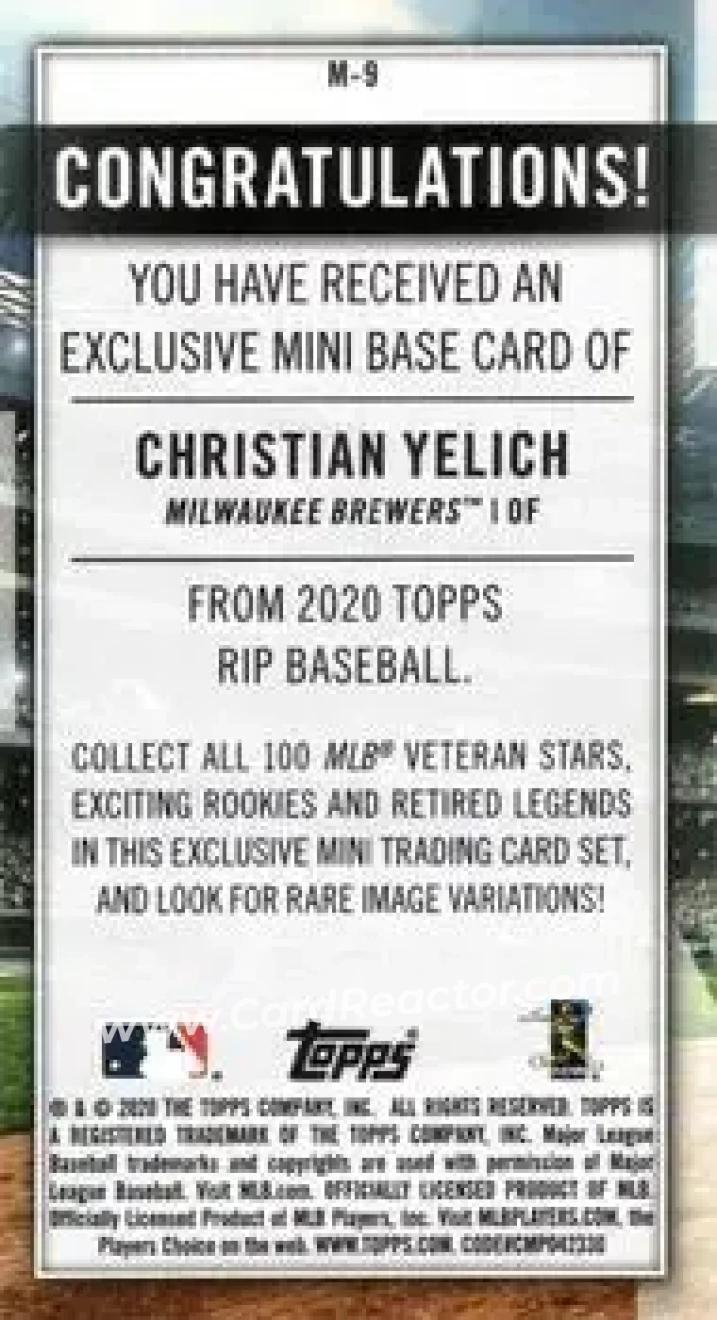 2020 Topps Rip - Mini Cards #M-9 - Christian Yelich - Milwaukee Brewers - Back