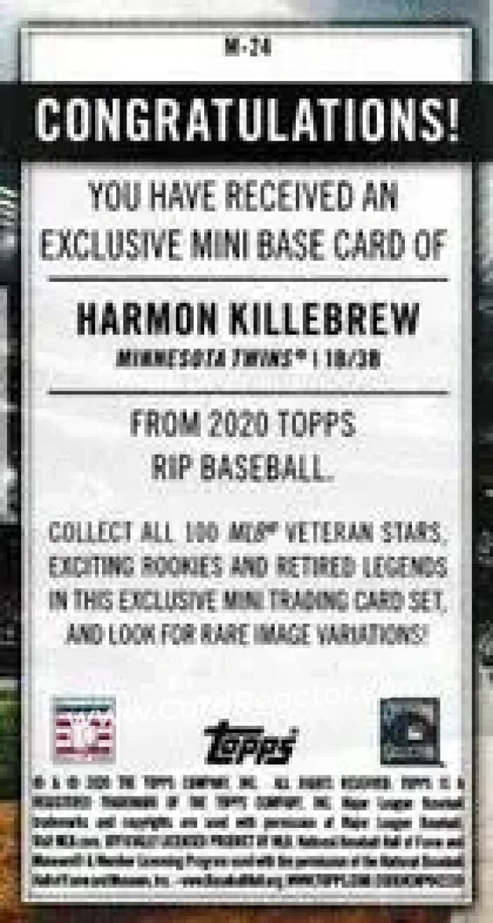 2020 Topps Rip - Mini Image Variations #M-24 - Harmon Killebrew - Minnesota Twins - Back