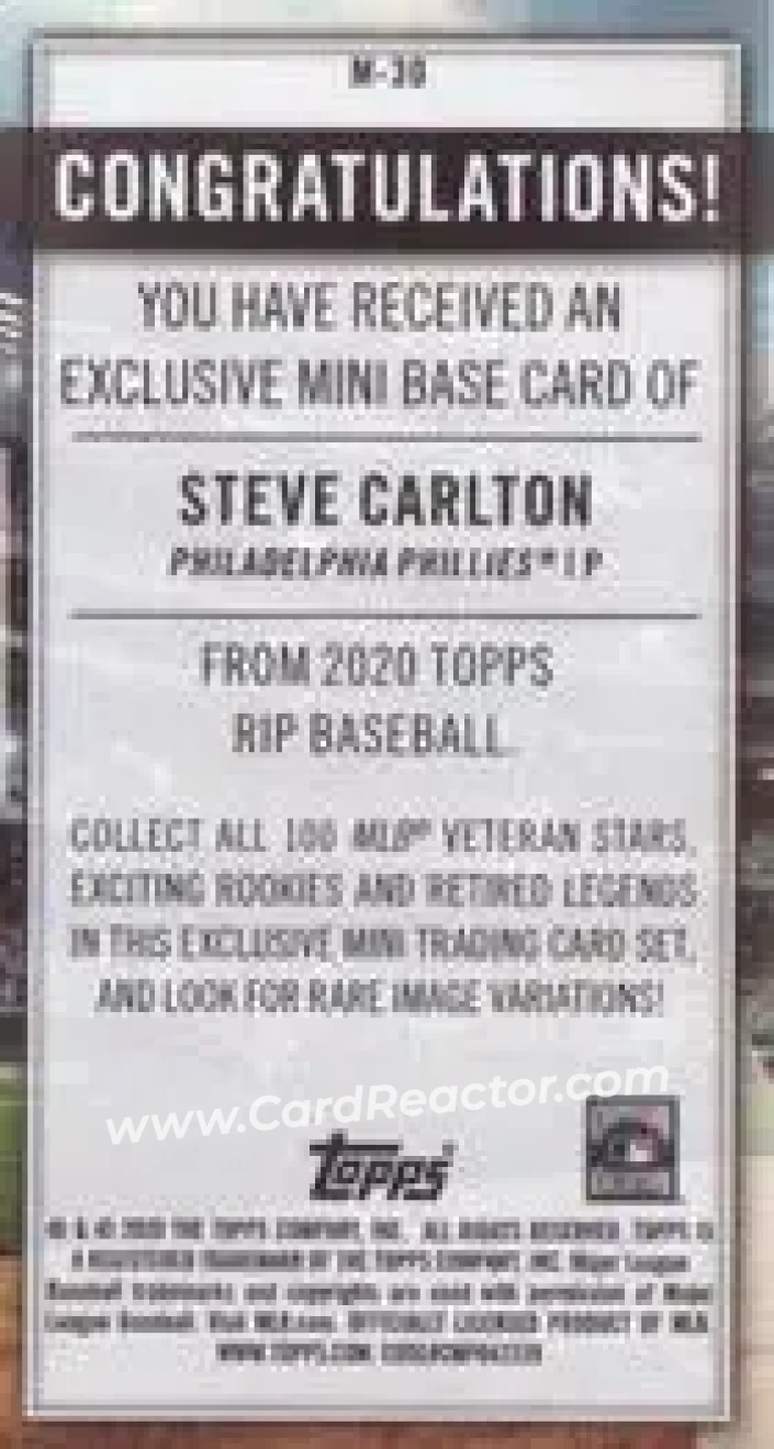 2020 Topps Rip - Mini Image Variations #M-30 - Steve Carlton - Philadelphia Phillies - Back