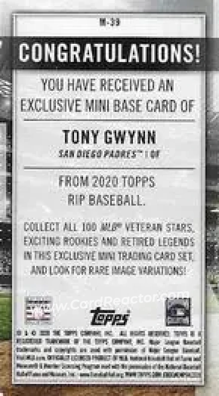 2020 Topps Rip - Mini Image Variations #M-39 - Tony Gwynn - San Diego Padres - Back