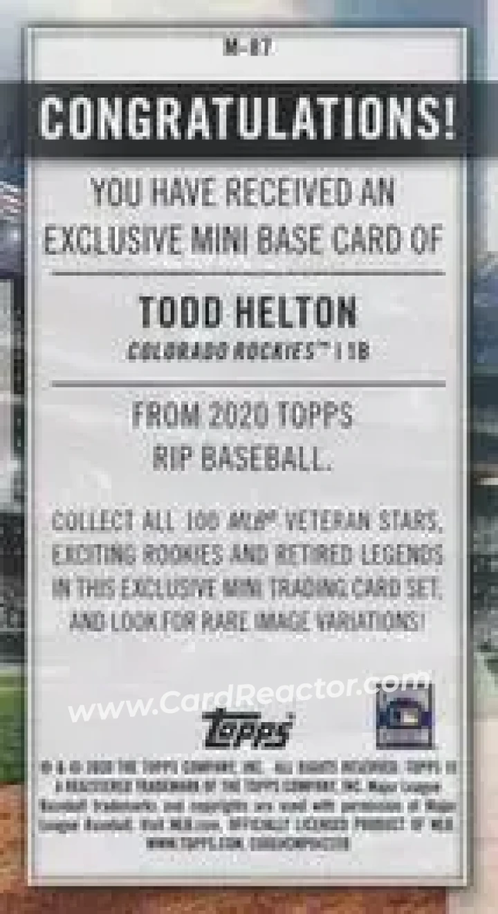 2020 Topps Rip - Mini Image Variations #M-87 - Todd Helton - Colorado Rockies - Back 2020 Topps Rip - Mini Image Variations #M-87 - Todd Helton - Colorado Rockies - Back