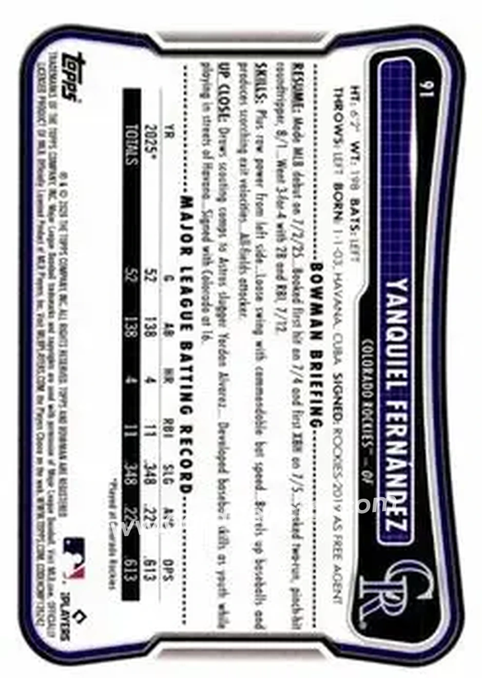 2026 Bowman - Neon Green #91 - Yanquiel Fernández - Colorado Rockies - Back 2026 Bowman - Neon Green #91 - Yanquiel Fernández - Colorado Rockies - Back