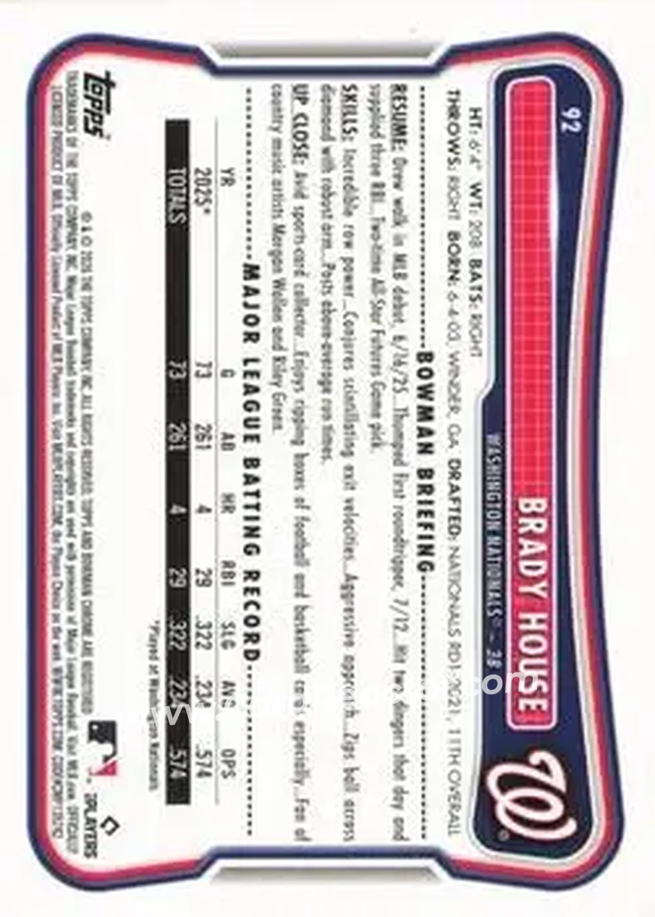 2026 Bowman - Neon Green #92 - Brady House - Washington Nationals - Back 2026 Bowman - Neon Green #92 - Brady House - Washington Nationals - Back