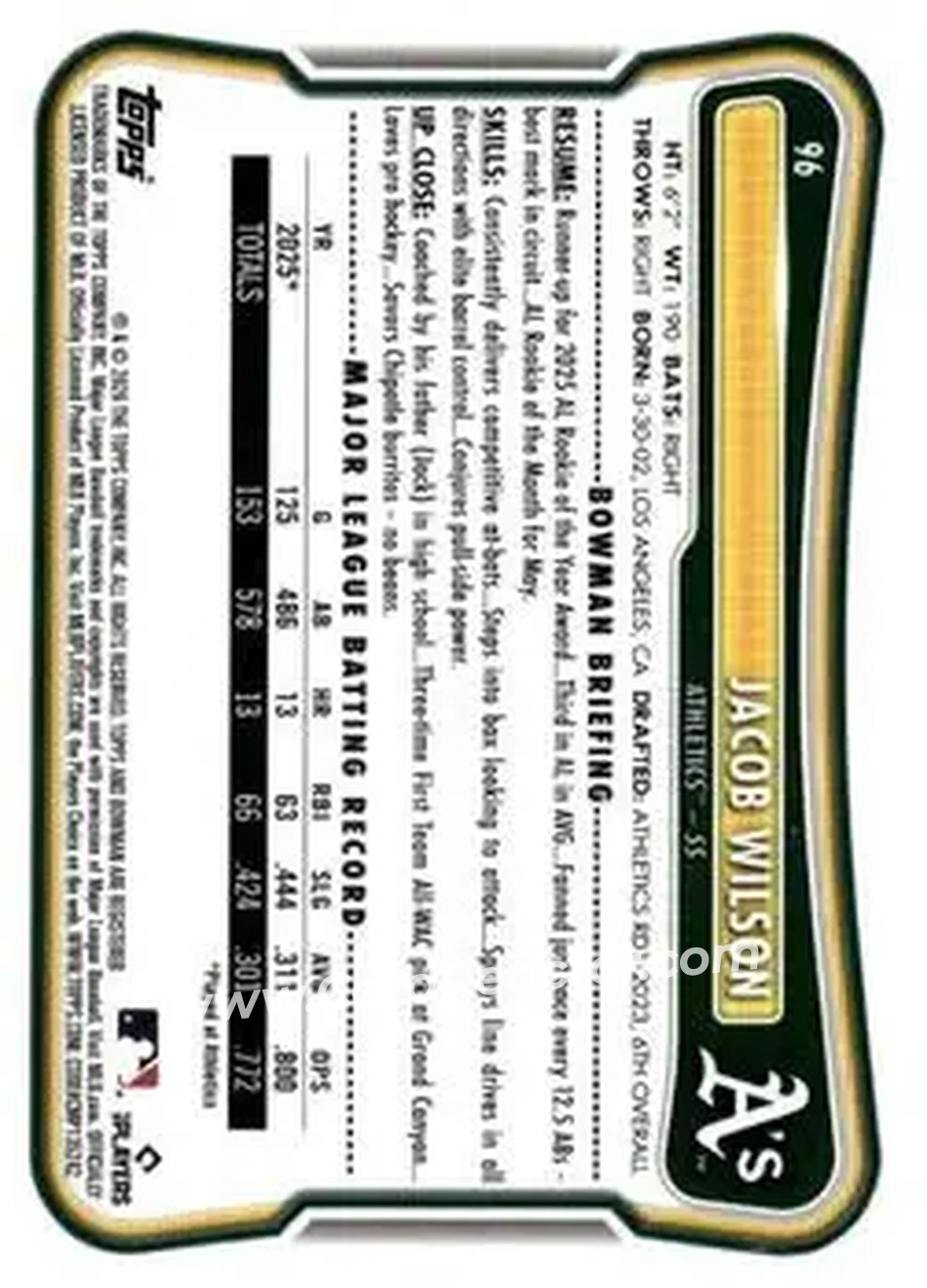 2026 Bowman - Neon Green #96 - Jacob Wilson - Athletics - Back