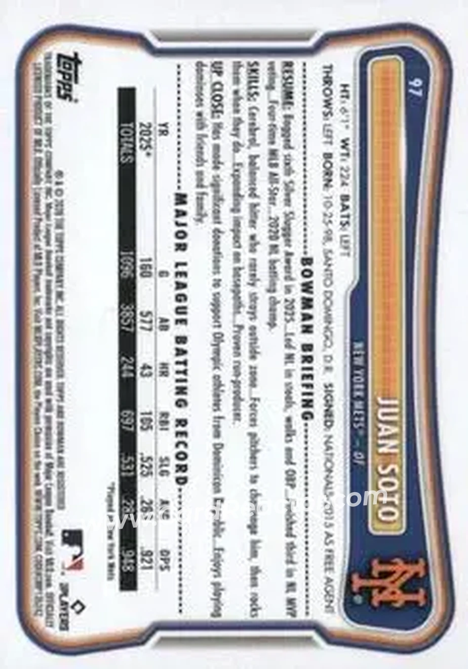 2026 Bowman - Neon Green #97 - Juan Soto - New York Mets - Back