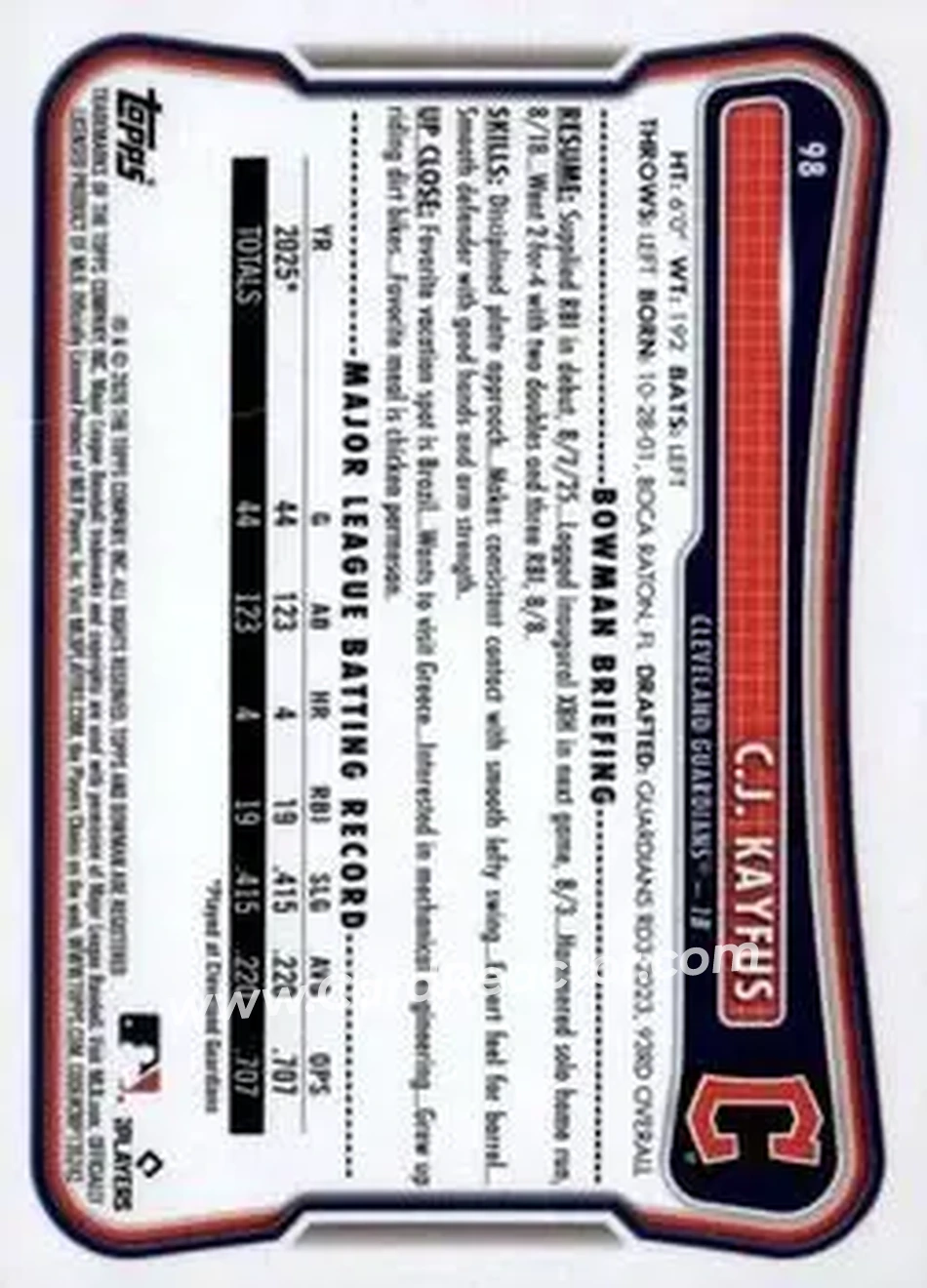 2026 Bowman - Neon Green #98 - C.J. Kayfus - Cleveland Guardians - Back 2026 Bowman - Neon Green #98 - C.J. Kayfus - Cleveland Guardians - Back