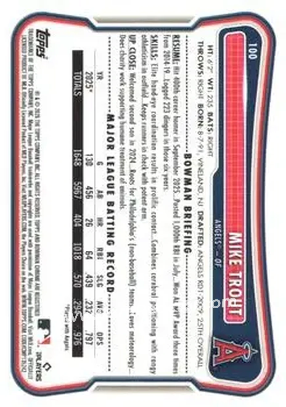 2026 Bowman - Neon Green #100 - Mike Trout - Los Angeles Angels - Back