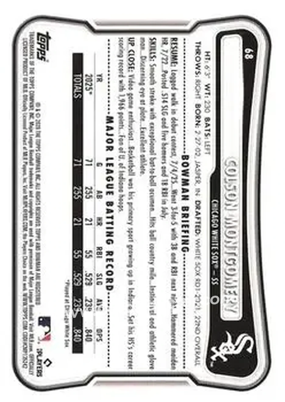 2026 Bowman - Orange #68 - Colson Montgomery - Chicago White Sox - Back