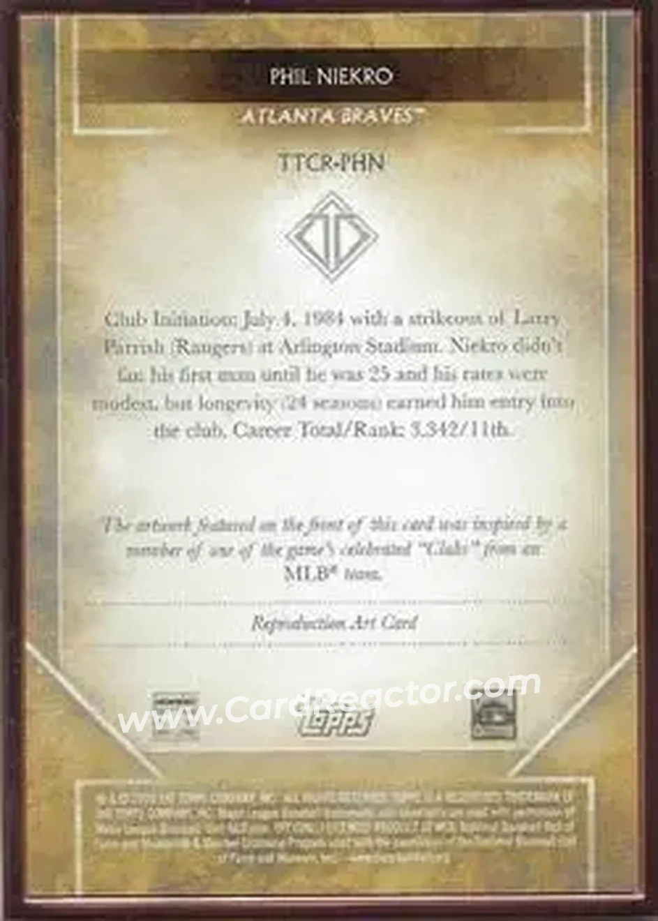 2020 Topps Transcendent Collection - Sketch Reproductions #TTCR-PHN - Phil Niekro - Atlanta Braves - Back