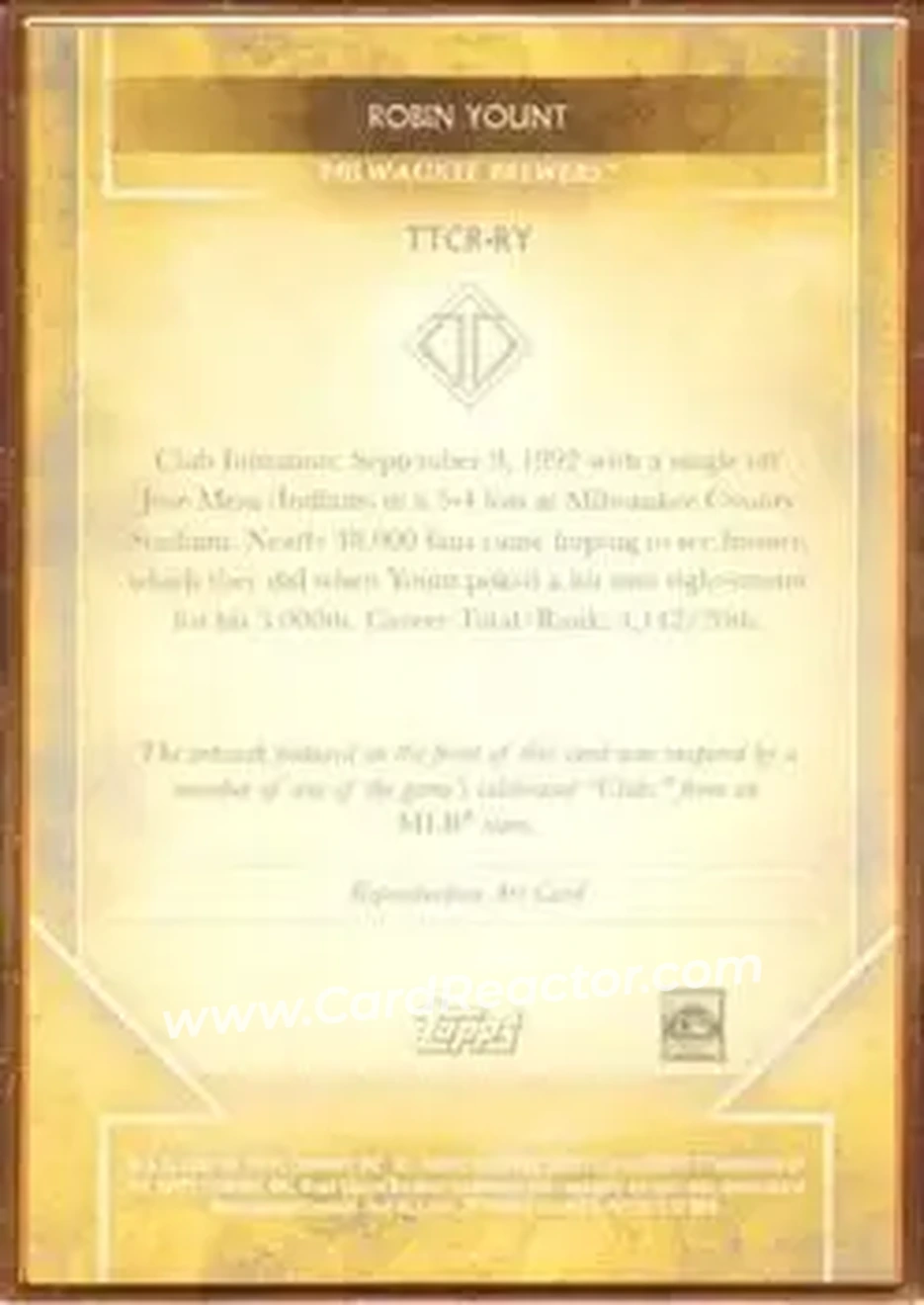 2020 Topps Transcendent Collection - Sketch Reproductions #TTCR-RY - Robin Yount - Milwaukee Brewers - Back
