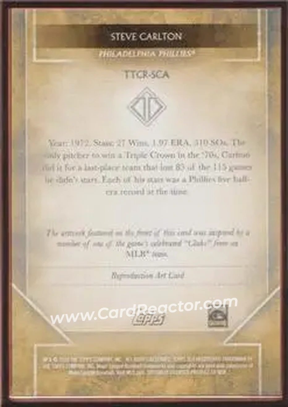 2020 Topps Transcendent Collection - Sketch Reproductions #TTCR-SCA - Steve Carlton - Philadelphia Phillies - Back