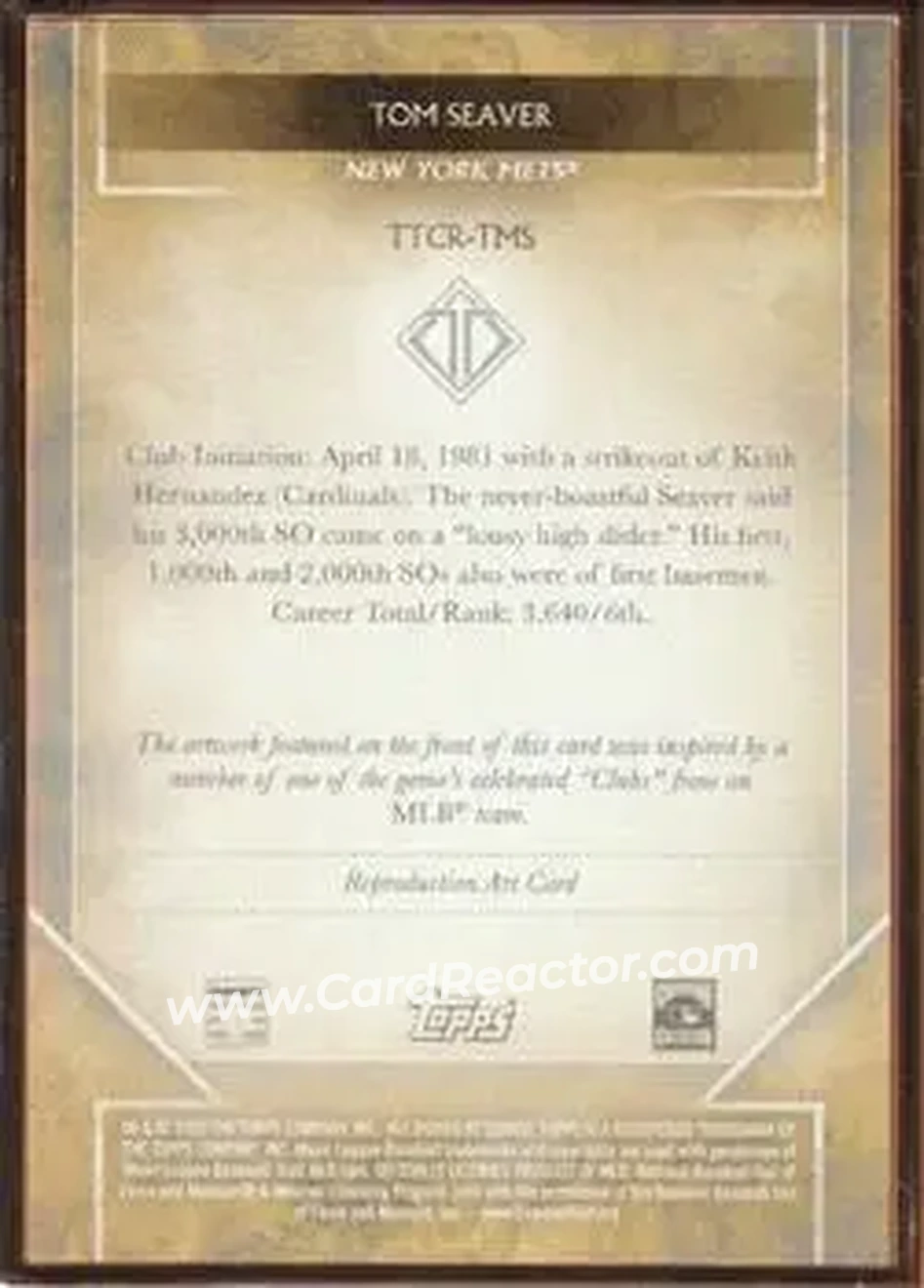 2020 Topps Transcendent Collection - Sketch Reproductions #TTCR-TMS - Tom Seaver - New York Mets - Back