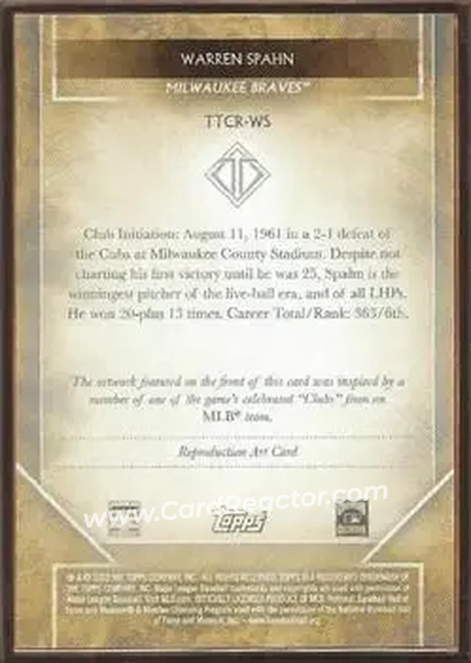 2020 Topps Transcendent Collection - Sketch Reproductions #TTCR-WS - Warren Spahn - Milwaukee Braves - Back