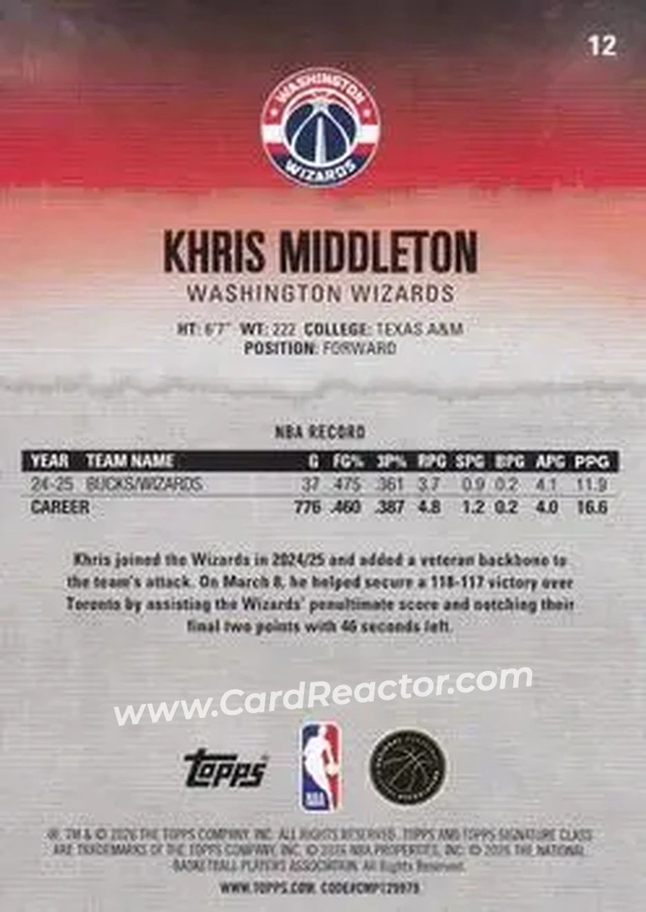 2025-26 Topps Signature Class #12 - Khris Middleton - Washington Wizards - Back