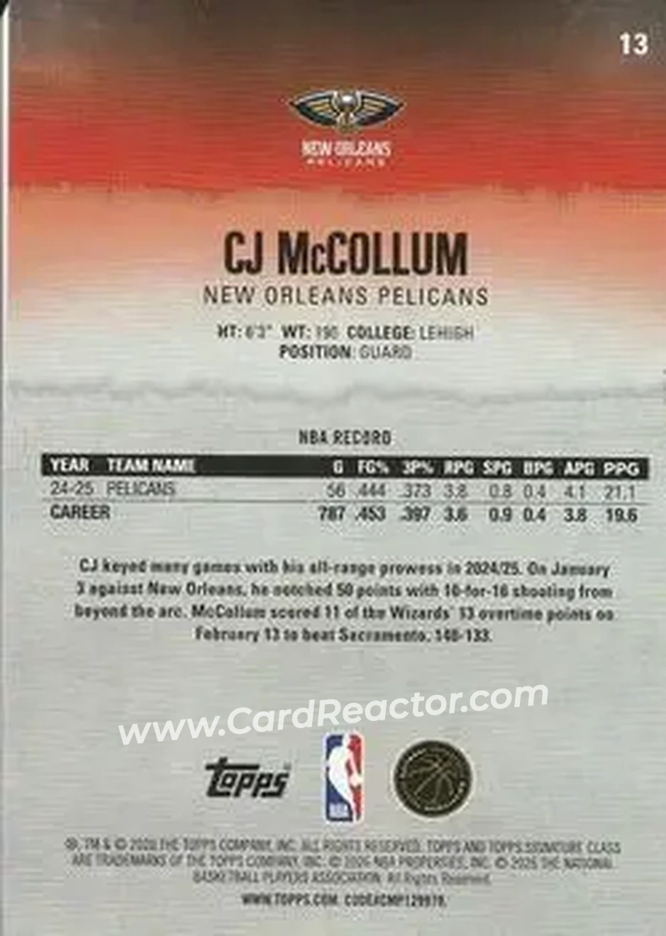 2025-26 Topps Signature Class #13 - CJ McCollum - New Orleans Pelicans - Back