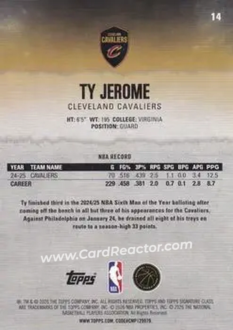 2025-26 Topps Signature Class #14 - Ty Jerome - Cleveland Cavaliers - Back