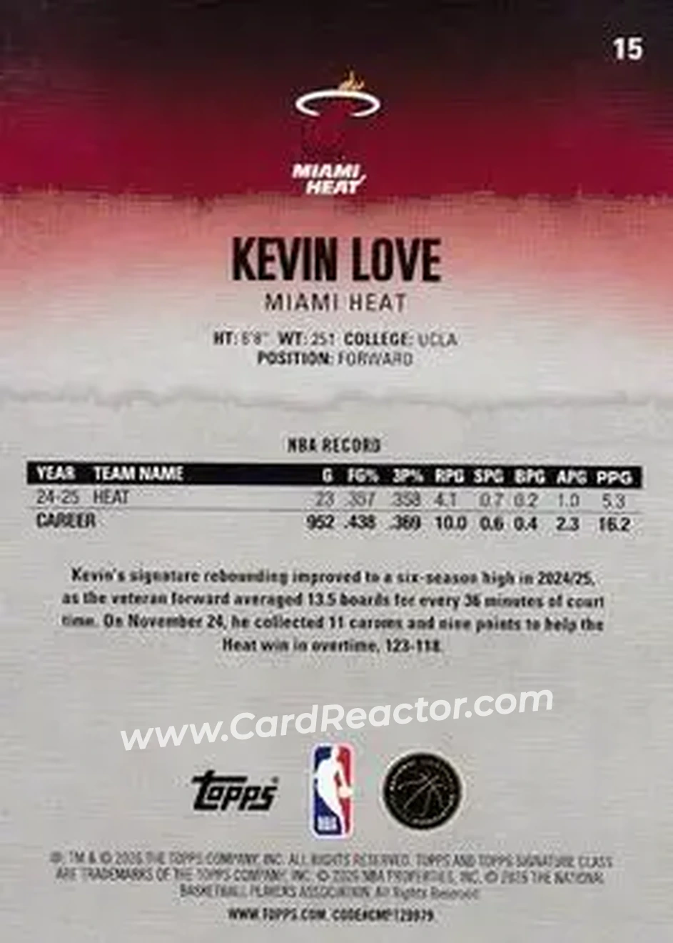 2025-26 Topps Signature Class #15 - Kevin Love - Miami Heat - Back