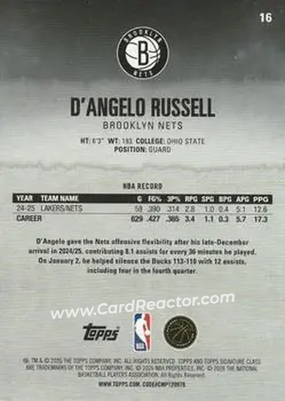 2025-26 Topps Signature Class #16 - D'Angelo Russell - Brooklyn Nets - Back 2025-26 Topps Signature Class #16 - D'Angelo Russell - Brooklyn Nets - Back