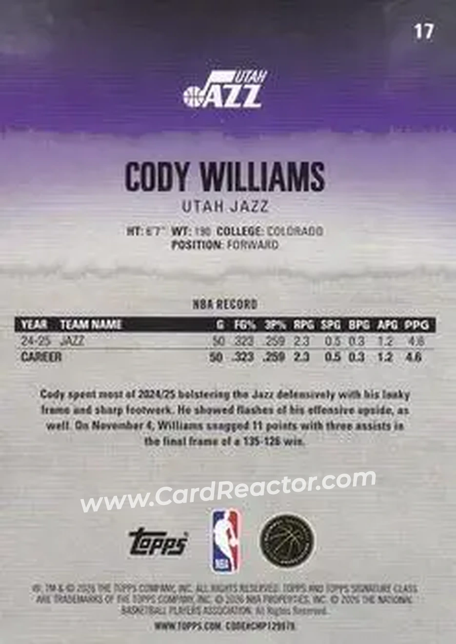 2025-26 Topps Signature Class #17 - Cody Williams - Utah Jazz - Back