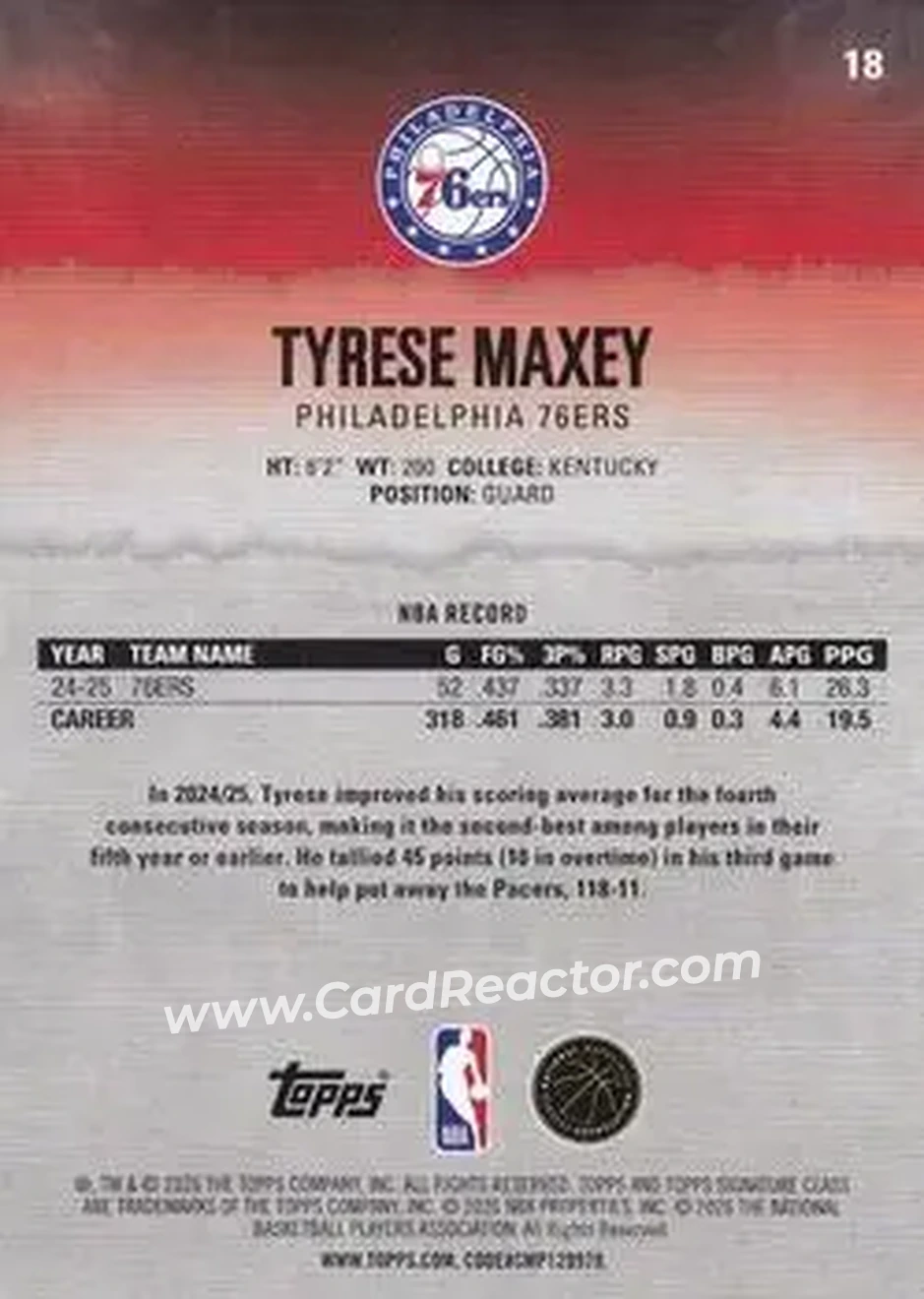 2025-26 Topps Signature Class #18 - Tyrese Maxey - Philadelphia 76ers - Back
