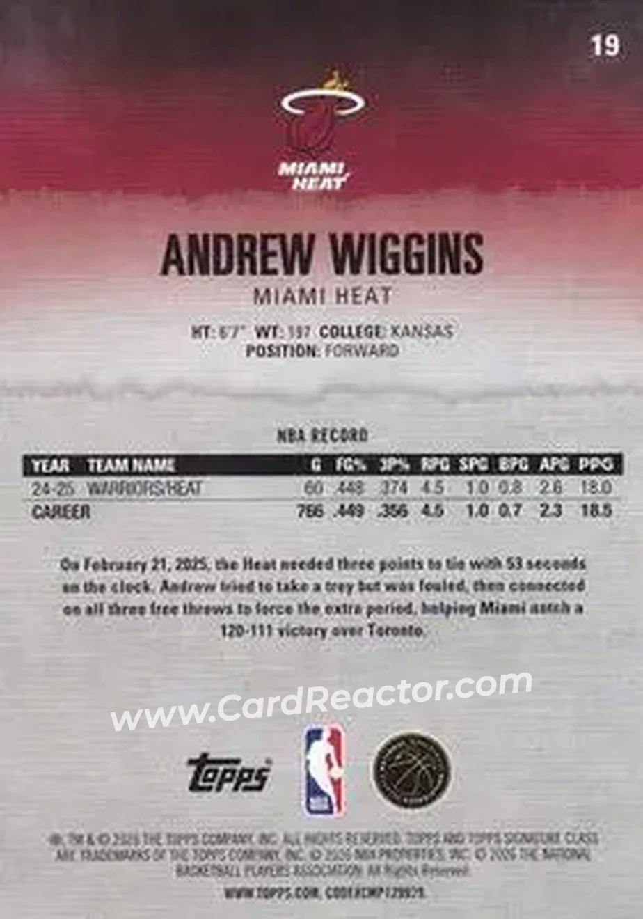 2025-26 Topps Signature Class #19 - Andrew Wiggins - Miami Heat - Back