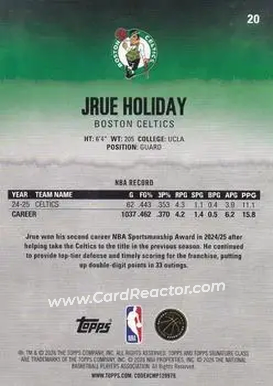 2025-26 Topps Signature Class #20 - Jrue Holiday - Boston Celtics - Back 2025-26 Topps Signature Class #20 - Jrue Holiday - Boston Celtics - Back